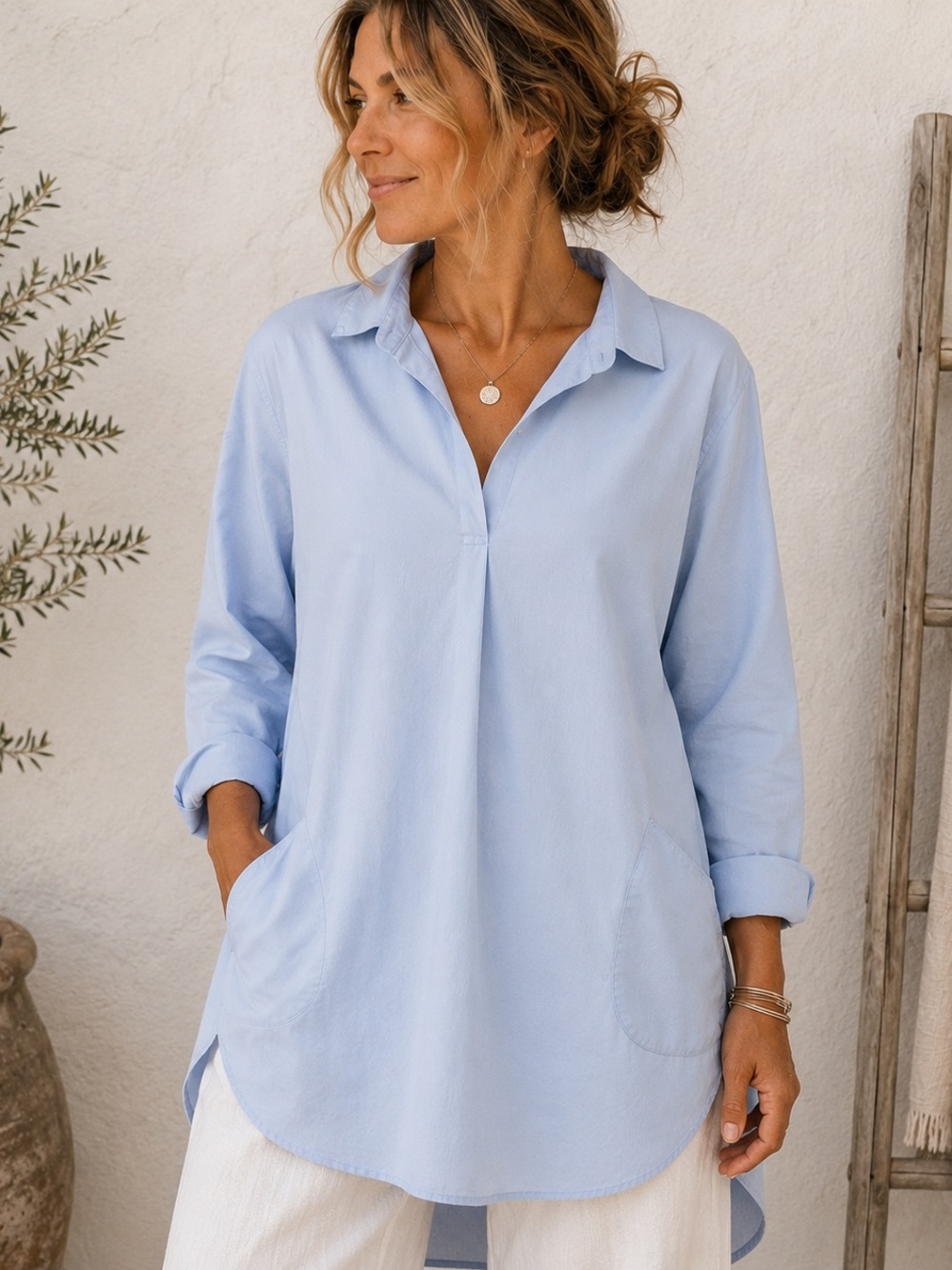100% Cotton Pocket Tunic Long Sleeve Relaxed Fit